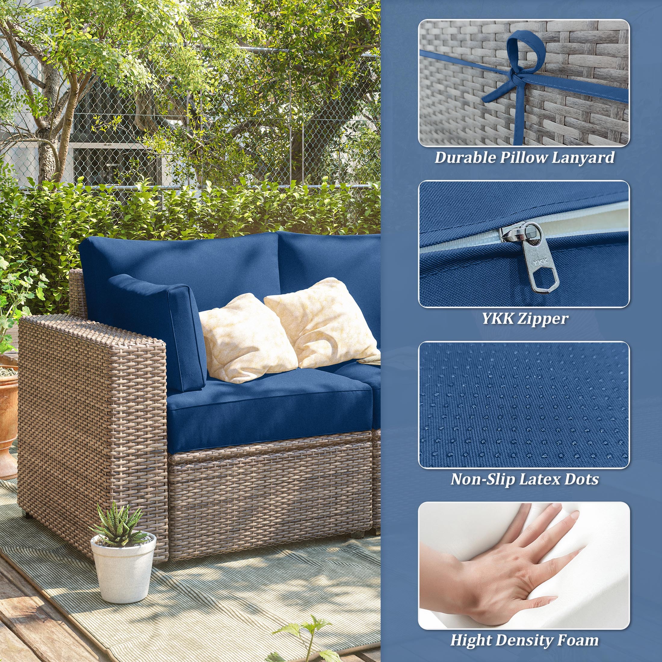 Pakunoda Outdoor Cushions Replacement, 8 Piece Sectional Cushion Fits 3-Seat, 4” Foam Deep Seat, for Patio Rattan Wicker Replacement Cushion, Liner&Cover, Blue