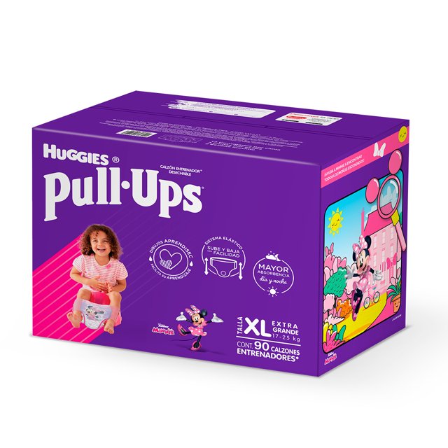 calzón entrenador desechable niña etapa 6 xl noche y dia 90pz caja morada Huggies Pull-Ups, vista frontal centrada; caja rectangular con logo Pull-Ups grande, imagen de niña usando el entrenador blanco con dibujos, ilustración de Minnie en el lateral, íconos que indican absorción día y noche, laterales abre fácil y sistema elástico para subir y bajar, leyenda de 90 piezas y talla XL.