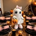 thumbnail image 4 of Miwamany Halloween Ghost Resin Statue with Polka Dot Bow, Matching Shoes and Pumpkin Candy Bucket, Halloween Tabletop Figurine for Shelf Counter Home Party Festive Decoration and Gift, 4 of 5