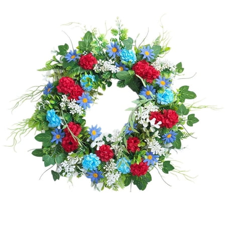 Memorial Patriotic Front Door Wreath Soldier Tribute Floral Ring Ornament Red White Blue Artificial Bloom 4th Of July Hanging Garland for Home Entry Wall Decor
