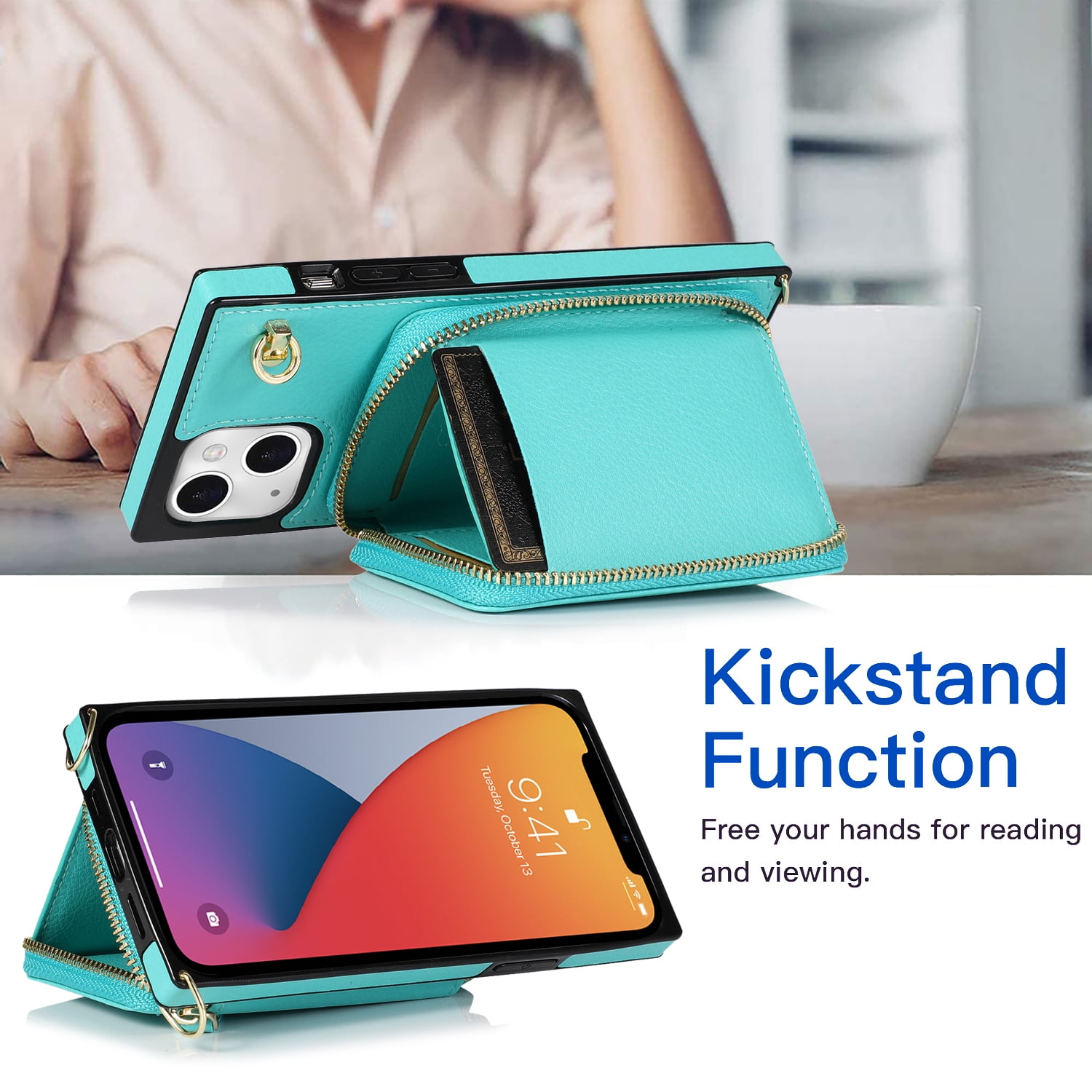 TECH CIRCLE For iPhone 12 Mini Wallet Case,Card Holder Phone Case for Women, Zipper PU Leather Purse Kickstand Folio Flip Case with Crossbody Strap for Apple iPhone 12 mini 5.4" 2020,Mint
