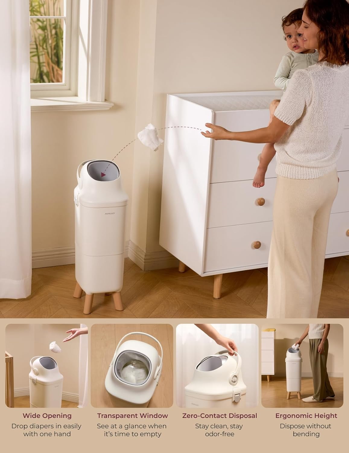 Momcozy Diaper Pail with Patented Triple-Seal Odor Control, Wide Opening, Ergonomic Height, Large Capacity with Viewing Window, Childproof Lock, Fits Standard Trash Bags