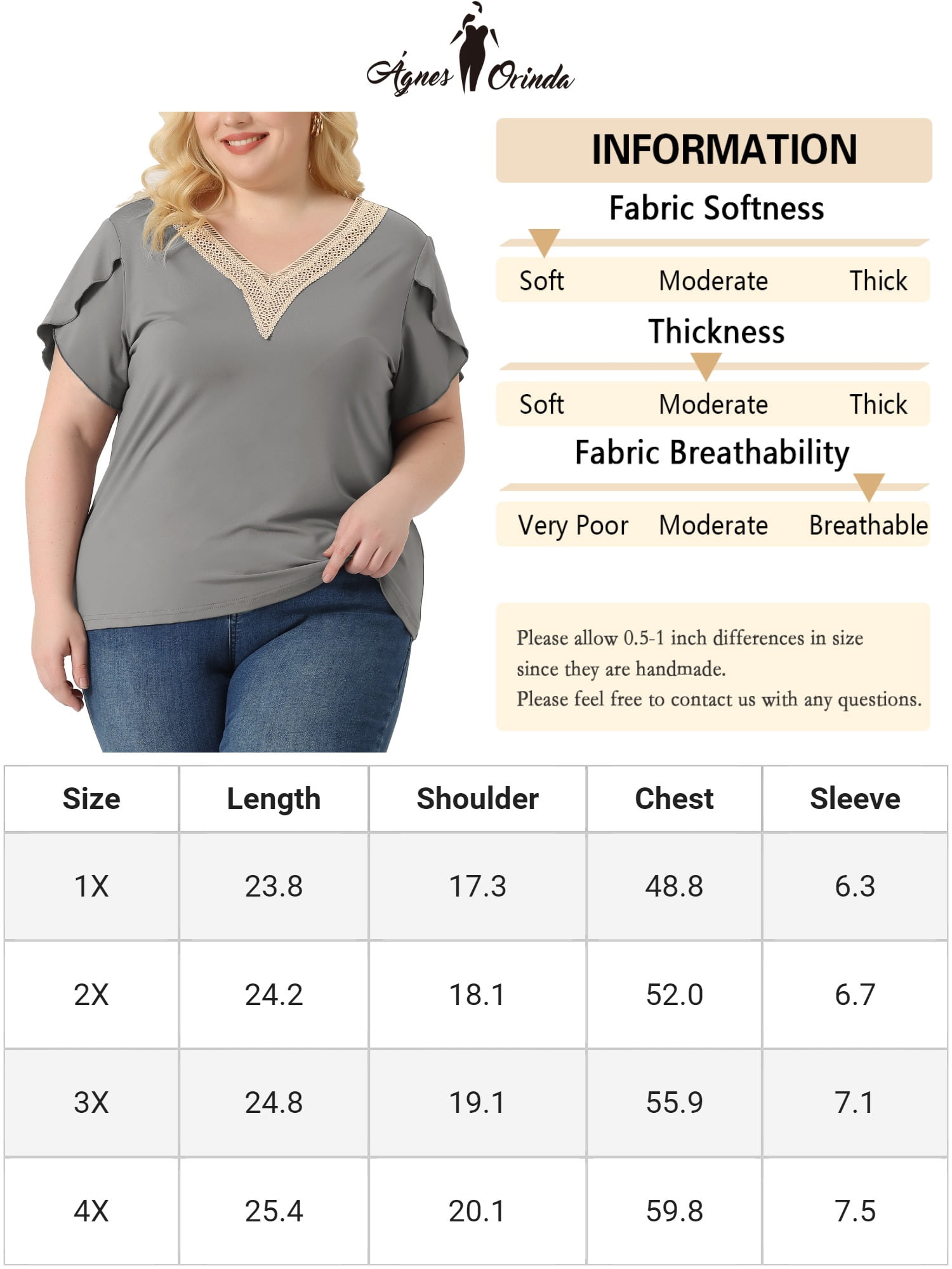 Unique Bargains Women Plus Size Casual Lace V Neck Short Sleeve Tunics Blouses Grey 4X