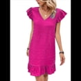 thumbnail image 3 of Vestidos de Verano para Mujer, Cuello en V, Mangas , Dobladillo con Volantes, Vestido Corto, Rosa Rojo, Talla M, 3 of 8