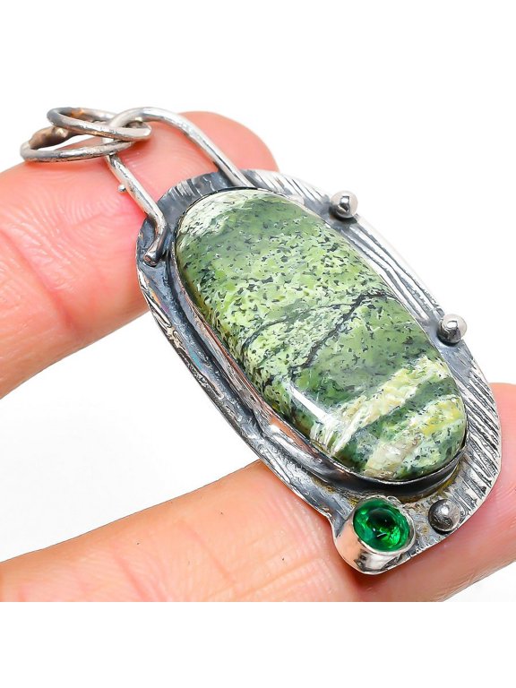 Natural Banded Green Opal,Diopside Stone 925 Sterling Silver Pendant 2.40"