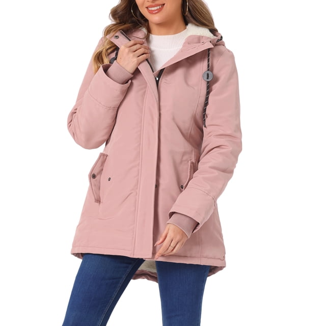 Abrigo parka para mujer Inspire Chic con cinturón, bolsillos, mangas largas y capucha de piel sintética, color rosa