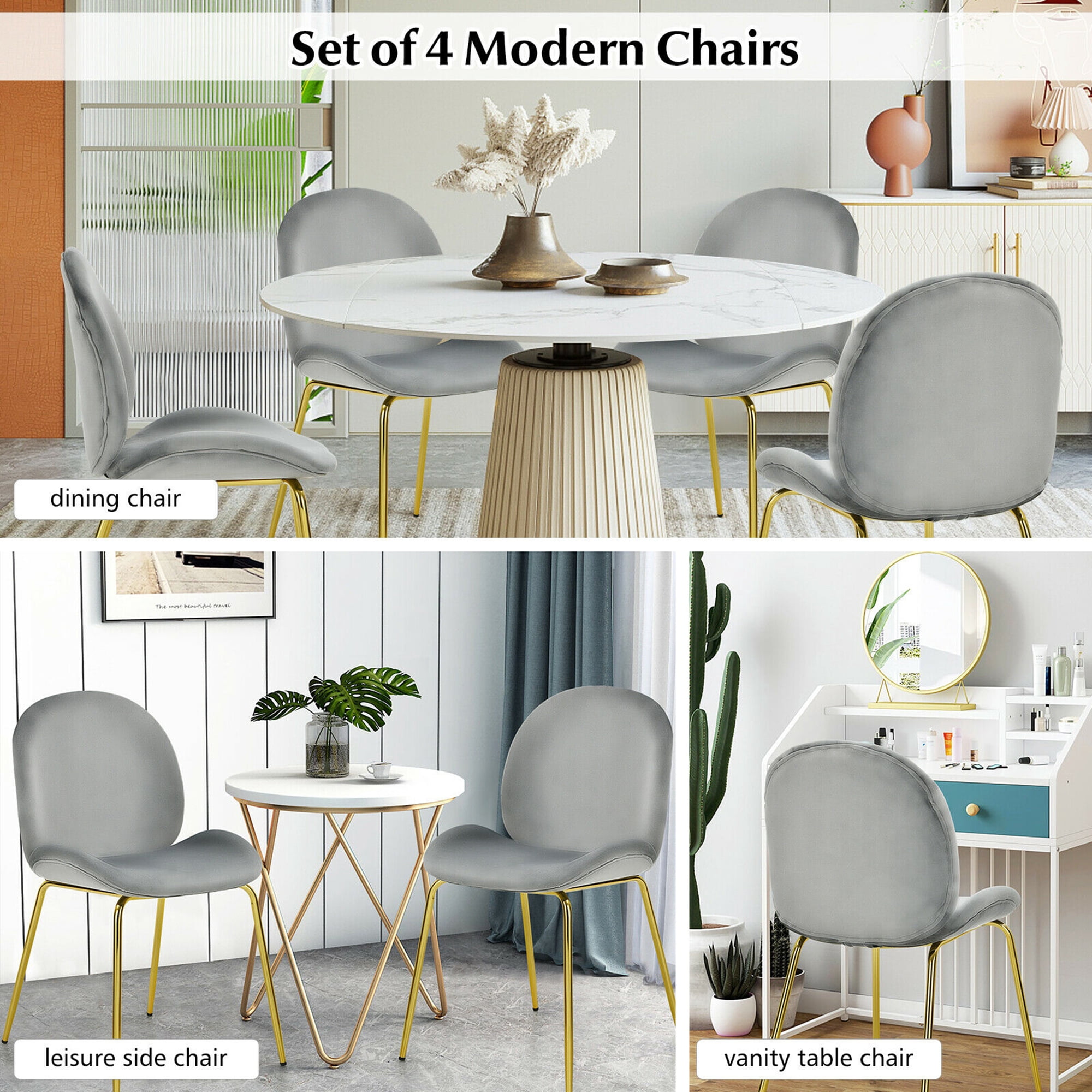 Gymax 4PCS Velvet Dining Chair Accent Leisure Chair Armless Side Chair Grey