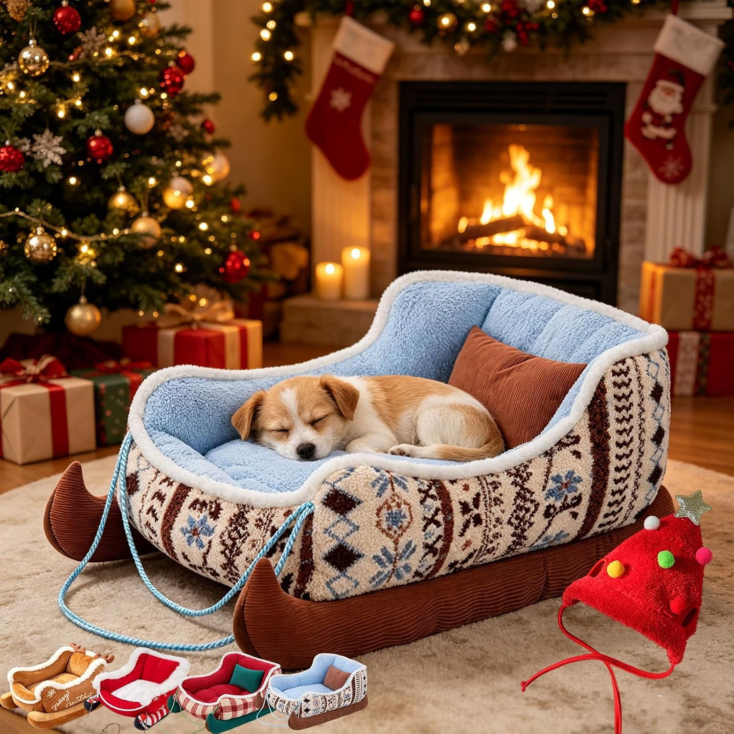 Christmas Santa Sleigh Dog Bed, Large Christmas Sleigh Pet Bed with Reindeer