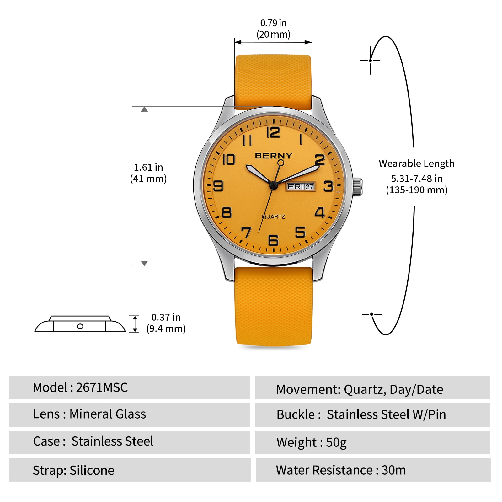 BERNY Modern Quartz Watch for Men Casual Easy Read Wristwatch with Arabic Numeral Watch Dial, Silicone Strap and Day & Date Calendar-Orange Dial