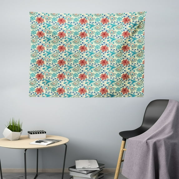 Blue Paisley Tapestry, Vintage Style Flowers Folkloric Effect Motifs Sketch Like Arrangement, Fabric Wall Hanging Decor for Bedroom Living Room Dorm, 5 Sizes, Cream Multicolor, by Ambesonne