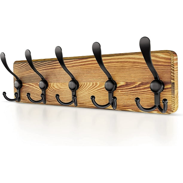 Wood Coat Rack Wall Mount with 5 Tri Metal Coat Hooks for Hanging