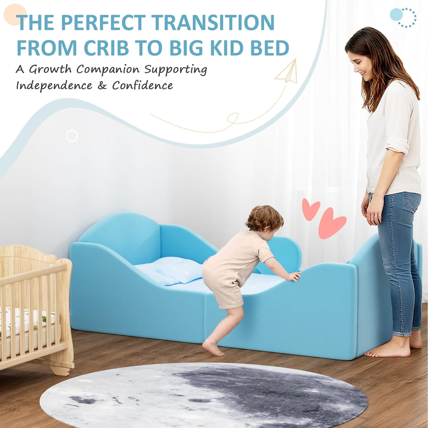 Toddler floor bed with removable safety rails, suitable for both boys and girls, standard crib size, soft-padded safety mattress, low-profile design (Blue).