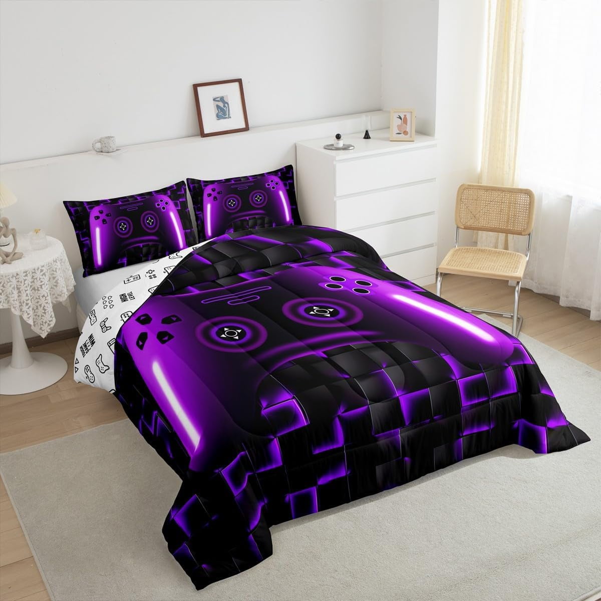 Gaming Full Size Bedding Sets Teen Game Controller Comforter Set 3Pcs Gamer Bedding For All Season,Purple And Black Geometric Checkered Quilt Set For Young Men,Soft Lightweight