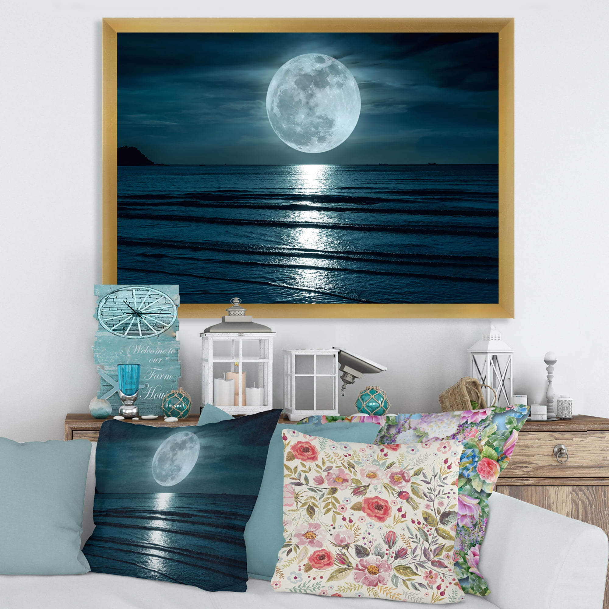 Designart 'Super Full Moon Over The Sea I' Modern Framed Art Print