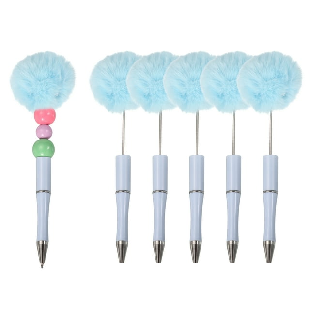 Bolígrafos de bola de pompom Uxcell, bolígrafos esponjosos de plástico con cuentas lindas para regalos de bricolaje, escritura y suministros de oficina - 6 Pcs (Azul Claro)