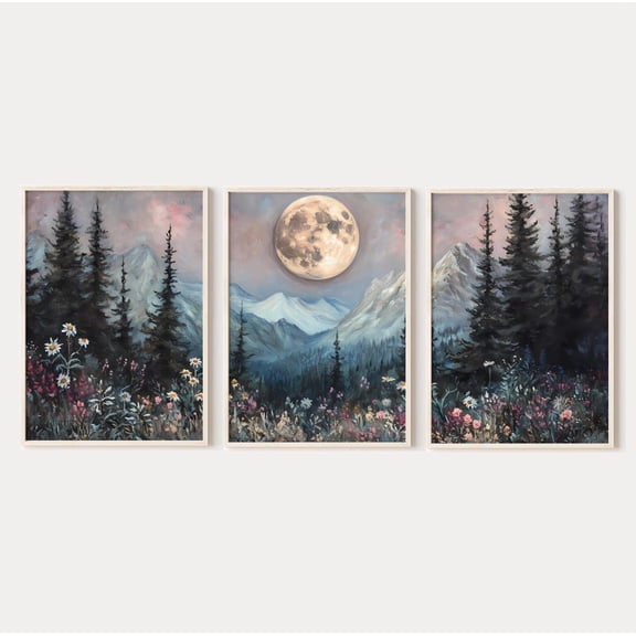 Luvia Full Moon Moody Celestial Landscape 3 Piece, Forest Mountain Scenery Prints Set Of 3, Wildflower Nature Triptych, Modern Wall Decor Set 3 Prints 8x12 UNFRAMED
