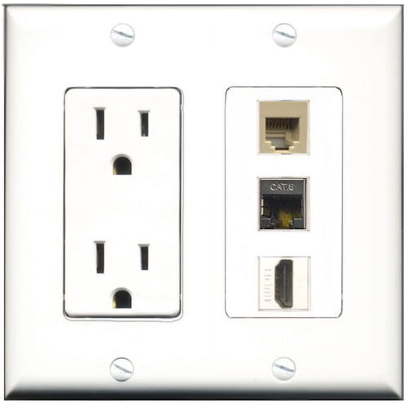 RiteAV - 15 Amp Power Outlet 1 Port HDMI 1 Port Phone Beige 1 Port Shielded Cat6 Ethernet Ethernet Decorative Wall Plate