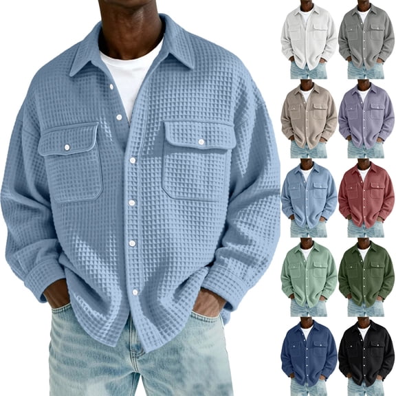 Antinious Men Long Sleeve Collared Button Solid Loose Versatile Woven Shirts