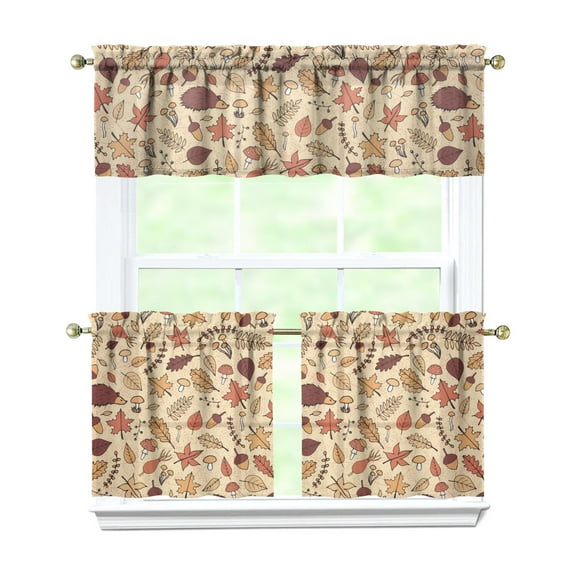 Rod Pocket Kitchen Curtain Set 3-Piece, 27.5x36 Inch Valance & Tier Drapes, Polyester Pongee Cafe Curtains for Living Room, Bathroom, Farmhouse Rustic Country Window Treatments.