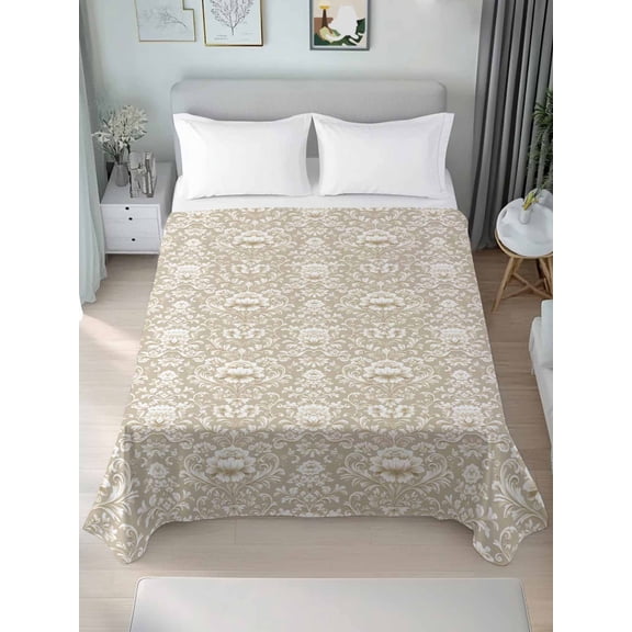 Beige Damask Full Size Flat Sheet, Wrinkleproof & Fadeproof Cooling Flat Bed Sheet Only, Vintage Country Scroll Floral Patterned Breathable Soft Bedding Top Sheets 81 x 96 Inches