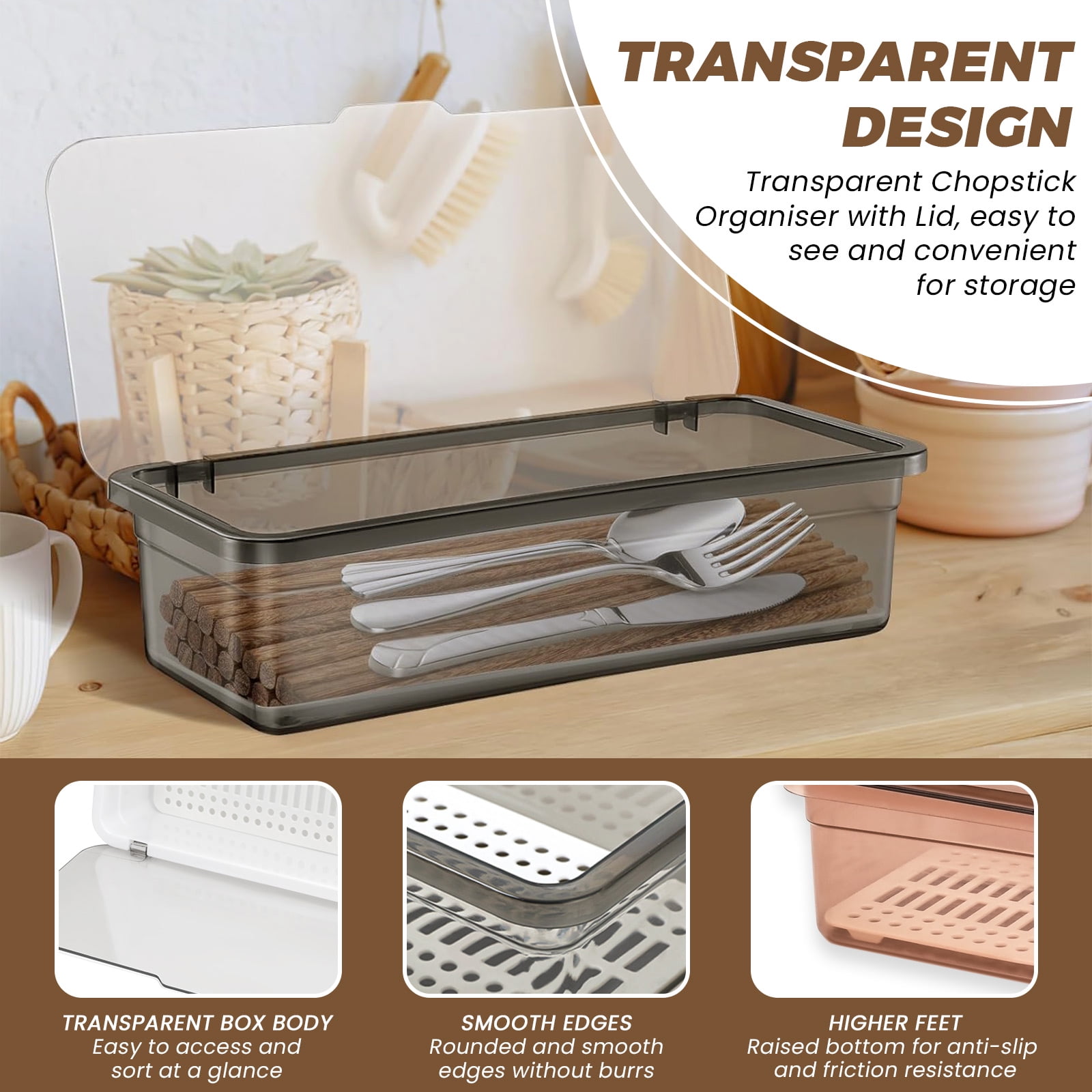 3 Pieces Flatware Tray with Lid and Drainer, Clear Silverware Organizer, Stackable Tableware Utensil Drawer Organizer to Keep Your Cutlery Organized and Protected (Gray, Brown, White)