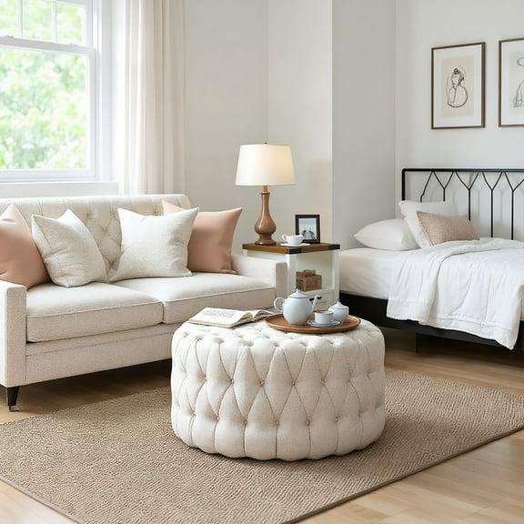 Spaco Round Ottoman Coffee Table with Velvet-feel Upholstery, Button Tufted Design and Padded Seat for Indoor as Living Room, Entryway, Beige