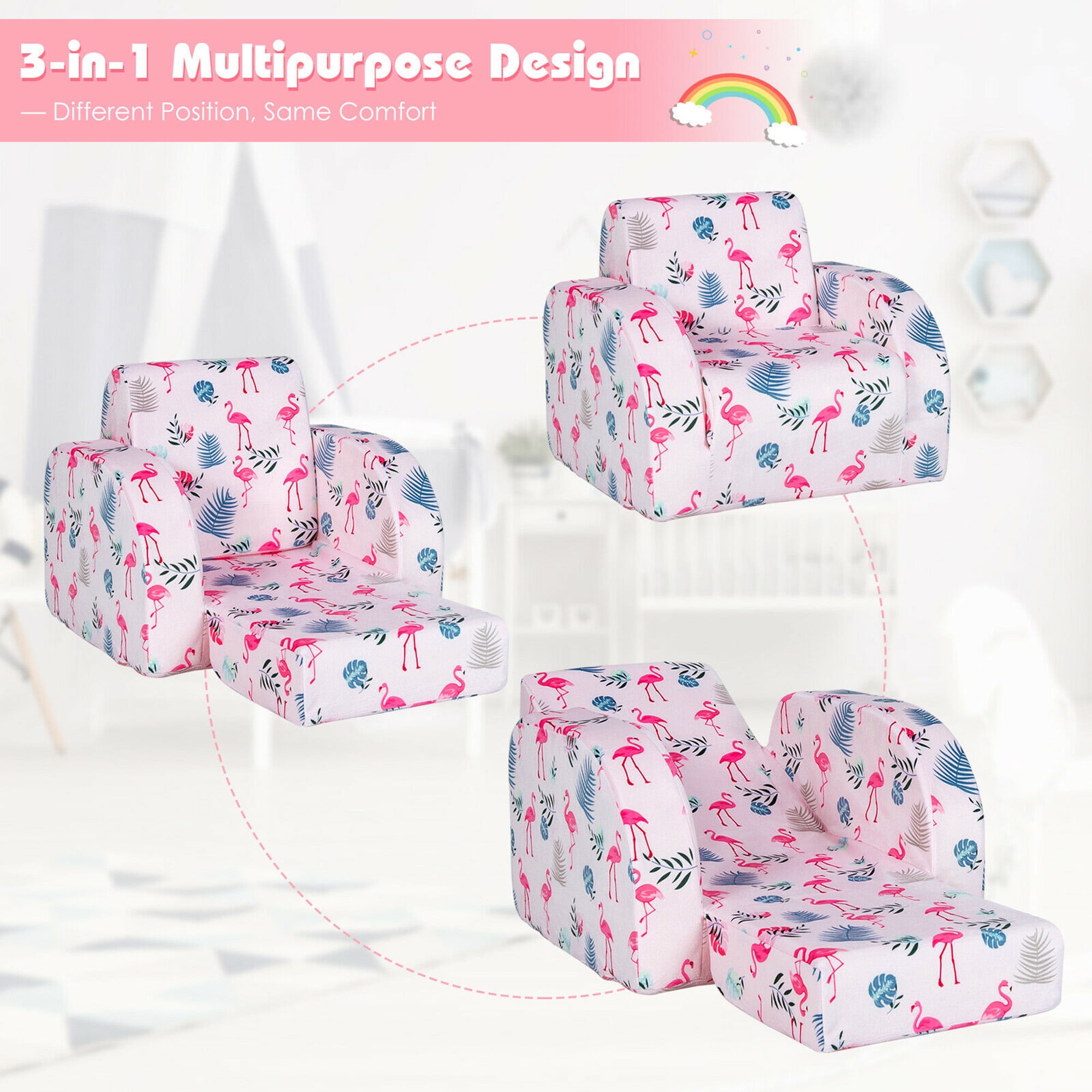 Gymax 3-in-1 Convertible Kid Sofa Bed Flip-Out Chair Lounger for Toddler Pink