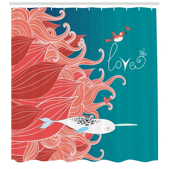 Ambesonne Narwhal Shower Curtain, Arctic Whale and Bird, 69"Wx75"L, Teal Coral White