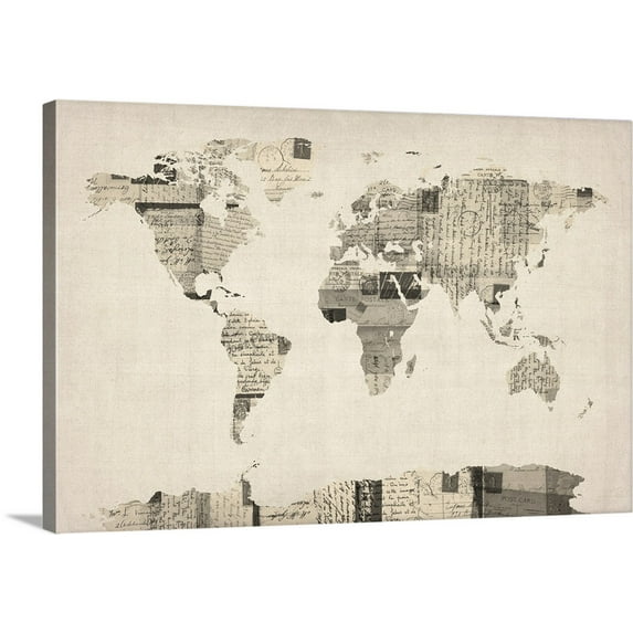 Great BIG Canvas | "World Map made up of vintage postcards" Canvas Wall Art - 48x32