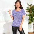 thumbnail image 5 of Women's Short Sleeve Crew Neck All-Over Sequin Embellished Top Stylish Sparkling Blouse- Large, Purple, 5 of 6