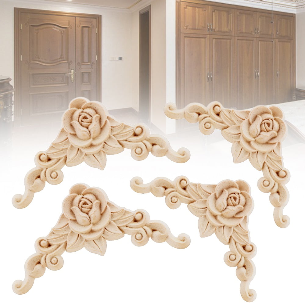 Unpainted Woodcarved Decal Applique Wooden Furniture Table Wardrobe Decoration 