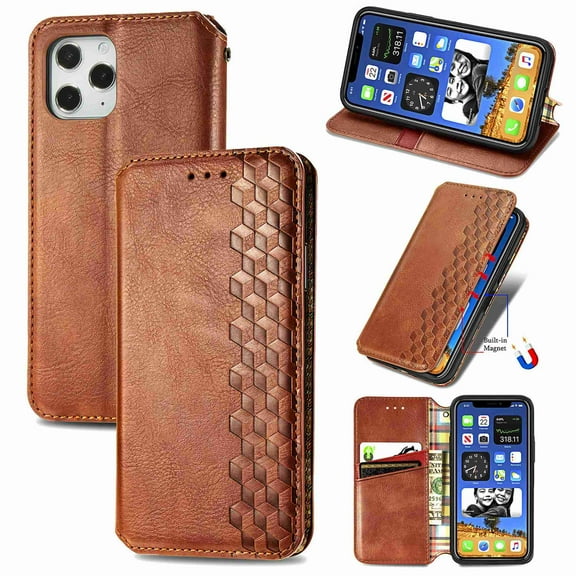 Dteck for Apple iPhone 12 Pro / 12 Premium Leather Case, Shockproof Wallet Cover Magnetic Flip Case Cash & Card Slot PU Leather Phone Cover (Brown)
