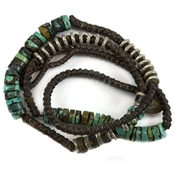 Men's Sterling Silver Bracelet Beaded Woven Tibetan Triple Strand Wrap Blue Turquoise Adjustable, 7" 8"