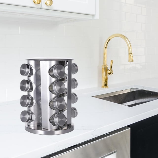 Estante de especias giratorio 360, con torre de estante de especias de tarro de vacío, Estante de especias de acero inoxidable para encimera de 16 botellas Macarena Estante de tarros de especias de cocina