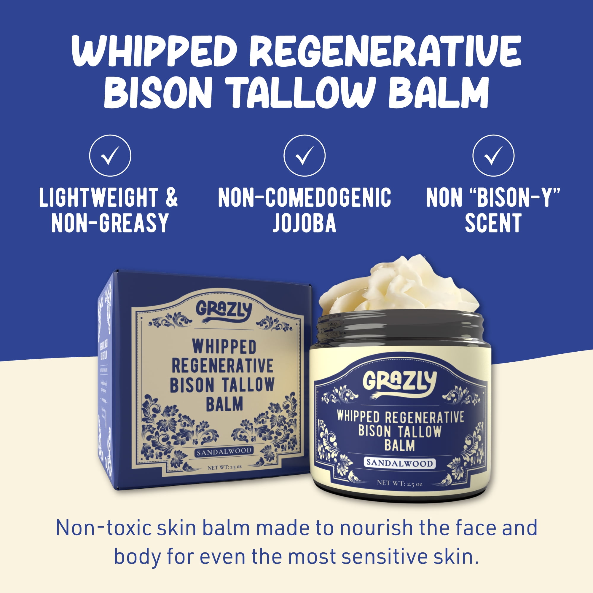 Grazly Sandalwood Whipped Bison Tallow Balm with Manuka Honey & Jojoba Oil - Grass-Fed & Finished Organic Tallow Face Moisturizer - Face & Body Cream for Acne-Prone Skin - Nourishing Skincare - 2.5oz