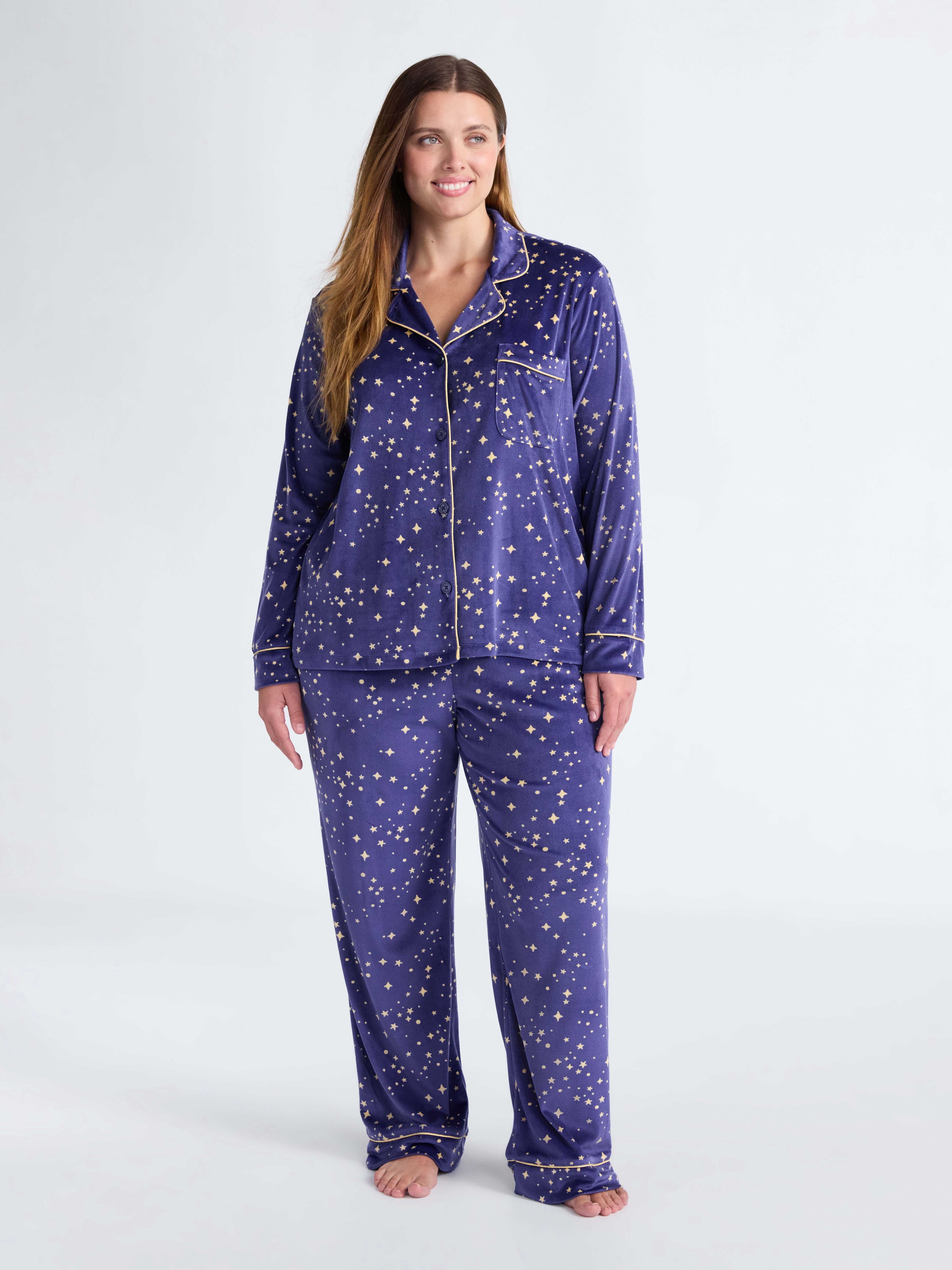 Joyspun Women’s Stretch Velour Notch Collar Long Sleeve Pajama Set, Sizes XS to 4X
