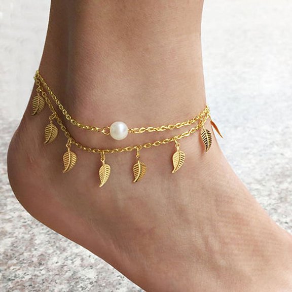 OPOLSKI Leaf Tassels Two Layer Faux Pearl Beach Sandal Ankle Chain Foot Bracelet Anklet