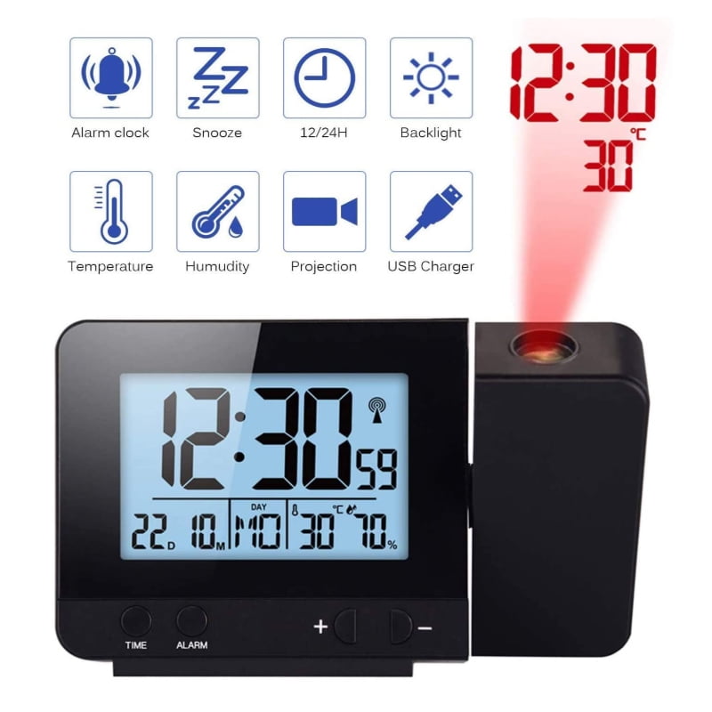 Digital LED Projektion Wecker Thermometer Snooze Hintergrundbeleuchtung Kalender 