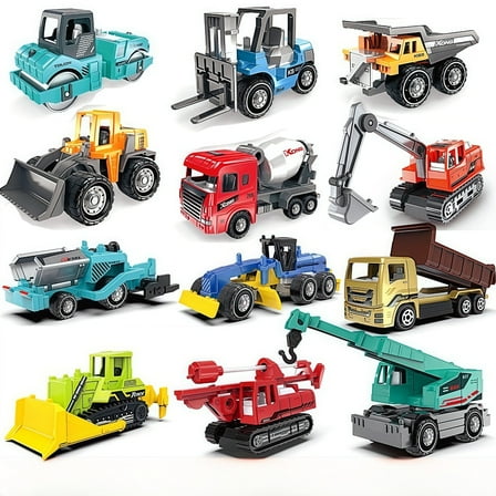 Alloy Pull  Construction Cars & Trucks  Mini Sensory Toy Vehicles for Toddlers Ages 3-8, Educational Outdoor/Indoor Play with Kids Party Favors & Easter Basket  (12-Pack)