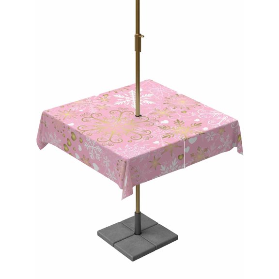 Outdoor Tablecloth with Umbrella Hole and Zipper, Christmas Pink Square Table Cloth 60x60 Inch Waterproof Tablecloth, Xmas Winter Snowflakes New Year Holiday Picnic Table Cover for Patio Camping