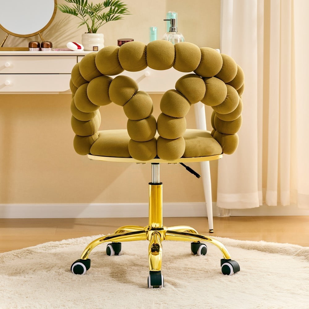 Velvet Office Chair, Adjustable Swivel Desk Chair with Bubble Back, Gold Metal Base, Rolling Vanity Chair for Home Office, Bedroom & Makeup Room, Yellow
