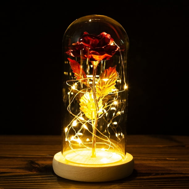 Cubierta de cristal rosa, flor de lámina dorada con luz LED, flor eterna, decoración navideña para el Día de San Valentín