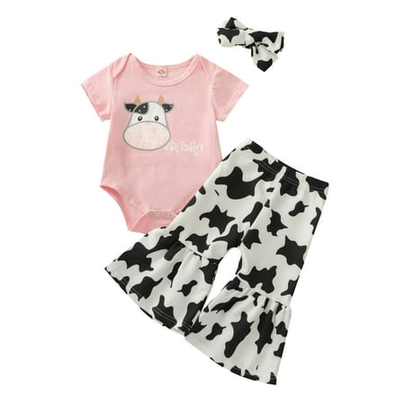 

QYZEU Girls Clothing Baby Girl Outfit Set Baby Girls Outfit Cow Words Prints Short Sleeve Tops Bell Bottom Pants Headband 3Pcs Set Outfits