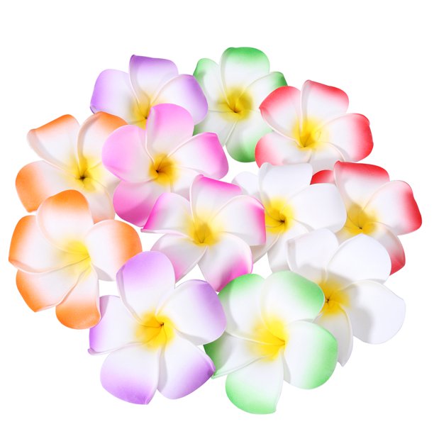 FRCOLOR 12 pinzas para el pelo de 8,9 cm con diseño de flor de plumeria hawaiana, accesorio para el pelo para decoración de bodas, fiestas en la playa (blanco, morado, verde, rosa, rojo, naranja)