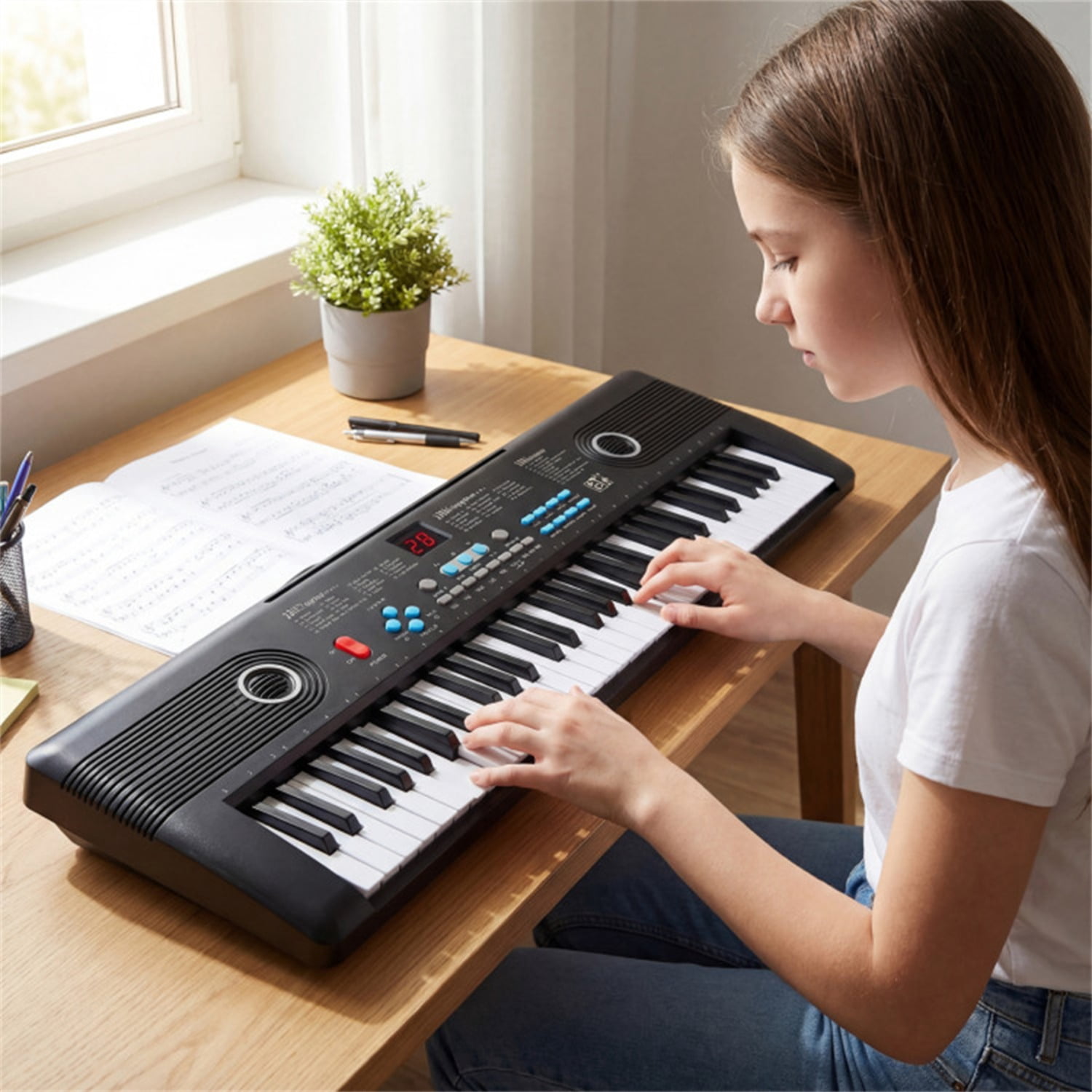 61-Key Portable Electric Keyboard for Beginners, 58.42×17.78×5.08 cm Digital Piano with 100 Rhythms/Timbres & Full Accessory Kit, Black