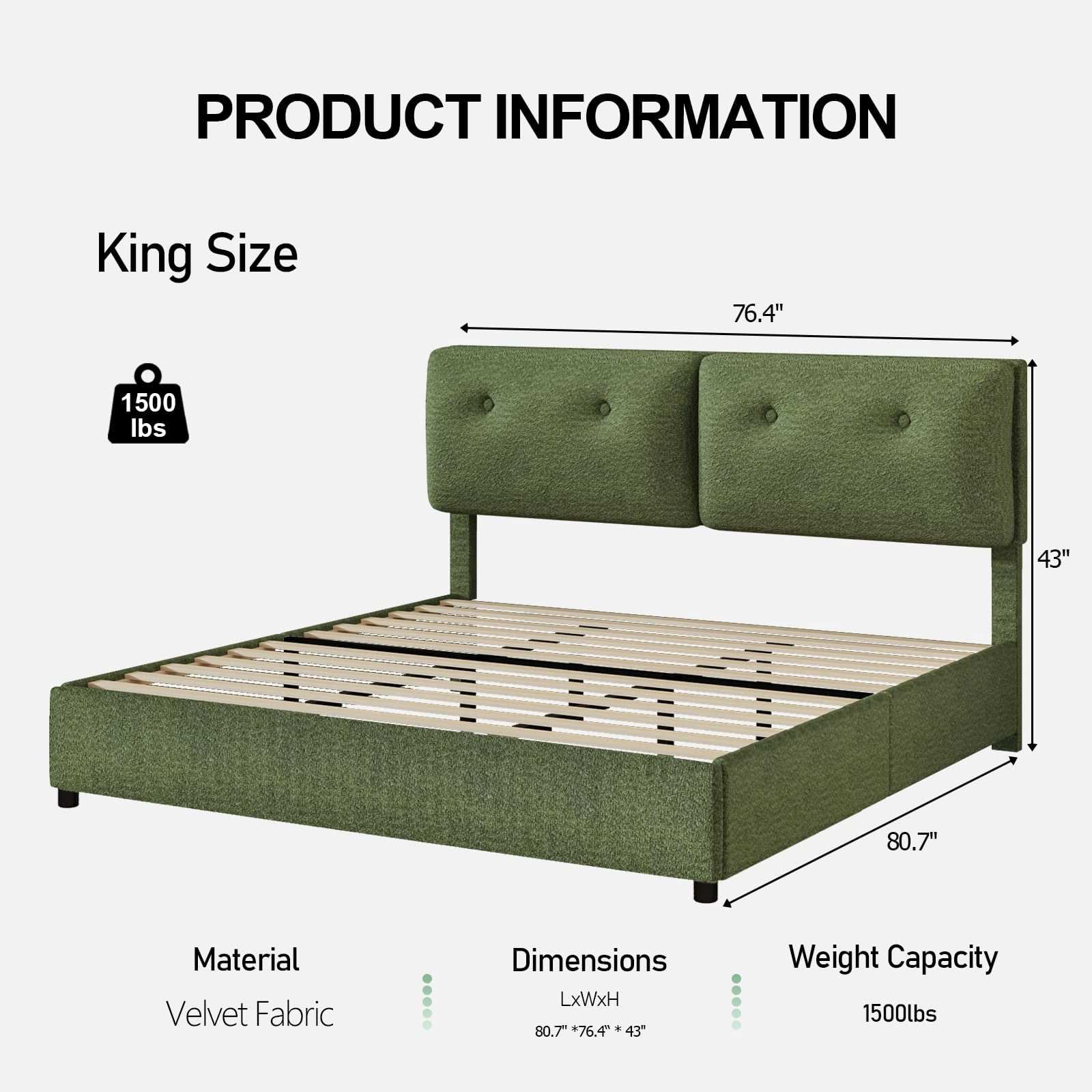 4 EVER WINNER King Bed Frame, King Size Bed Frame with Headboard, Boucle Bed Frame with Removable Pillow Upholstery, No Box Spring Required, Easy Assembly, Green