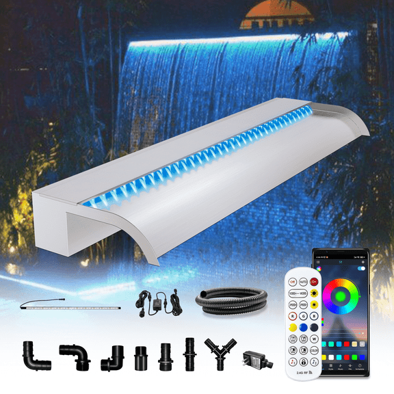 Longrun 35.4" Wide Waterfall Spillway, Stainless Steel Water Feature for Pool, Koi Pond & Outdoor Decor