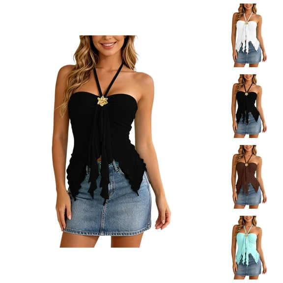 Halter Tube Tops for Women Summer Sweetheart Neck Ruffle Sleeveless Ruched Bustier Cami Tank Flowy Peplum Tops