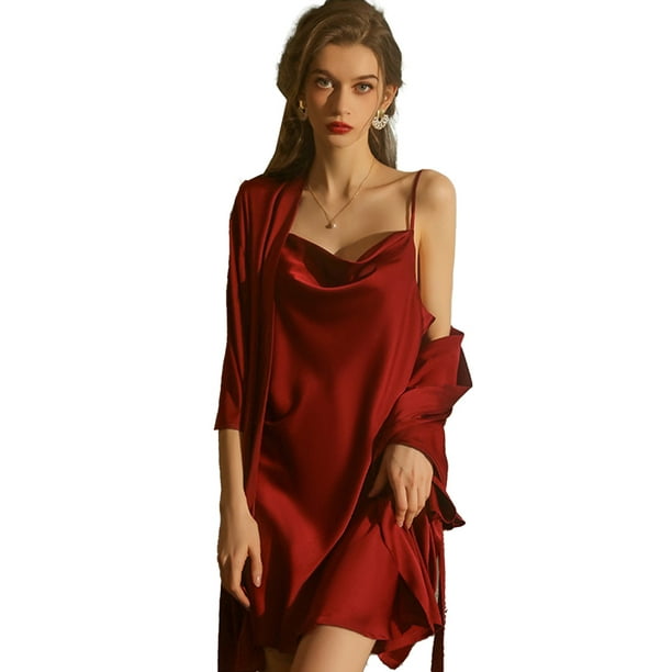 Sleepwear Women's Satin Nightgown with Robes Set 2 Piece Lace Cami