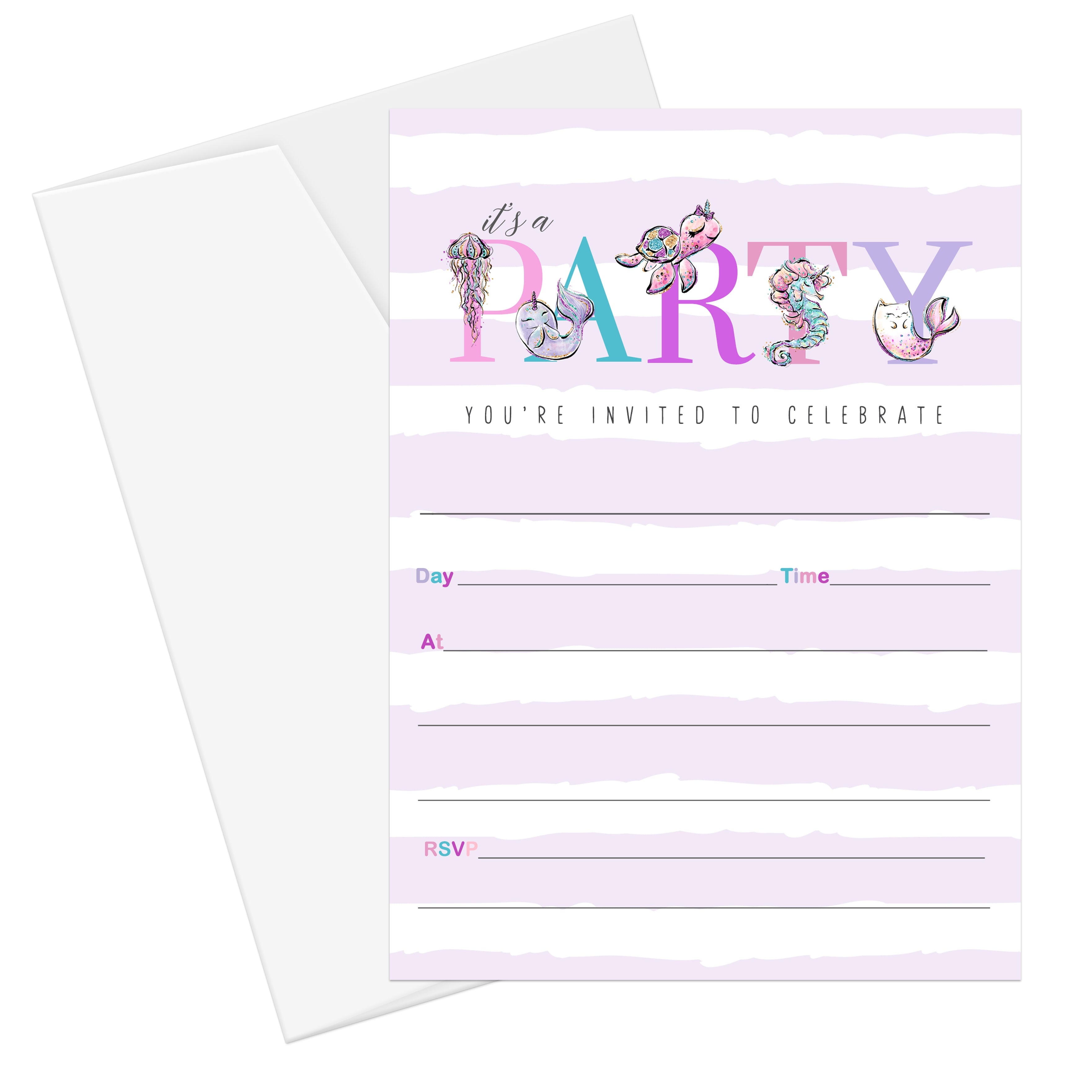 Mermaid Invitations with Envelopes Pack of 25 Girls Birthday Invites Baby Shower, Kids Event Mermicorn Sea Animal Purple and Pink Blank Card Set DIY Paper Clever Party